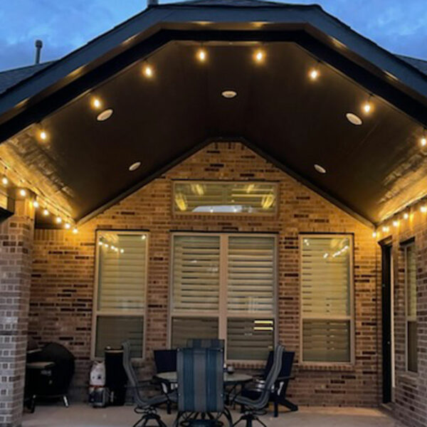 Taut Symmetrical Installation of Bistro Lights on Back Porch with Sides